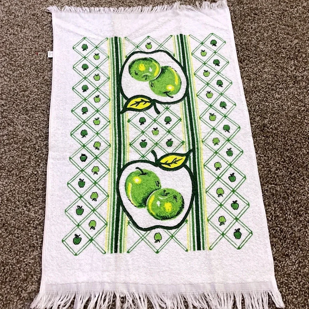 VTG CANNON Hand‎ Kitchen Towel Fringe 70s NOS Green Apple Fruit Stripe Checkered